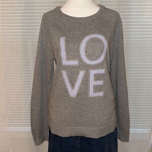 GAP M Gray Raglan Sleeve Crewneck Knit Pullover LOVE Striped Letters Sweater